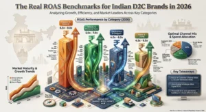 Indian D2C ROAS benchmarks infographic across key categories and marketing channels.