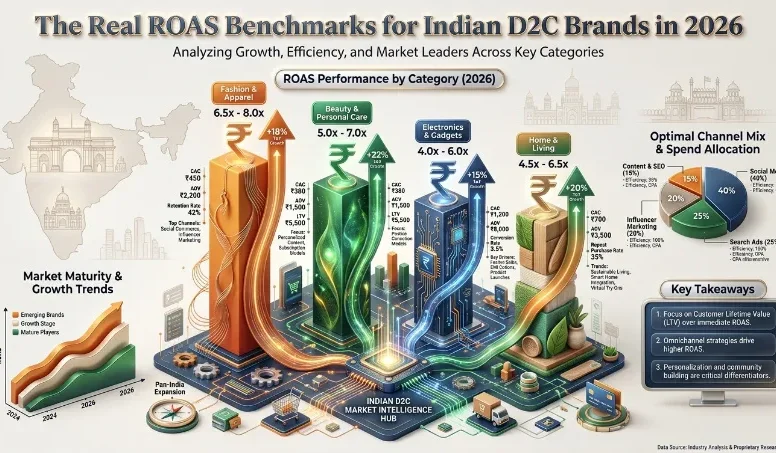 Indian D2C ROAS benchmarks infographic across key categories and marketing channels.