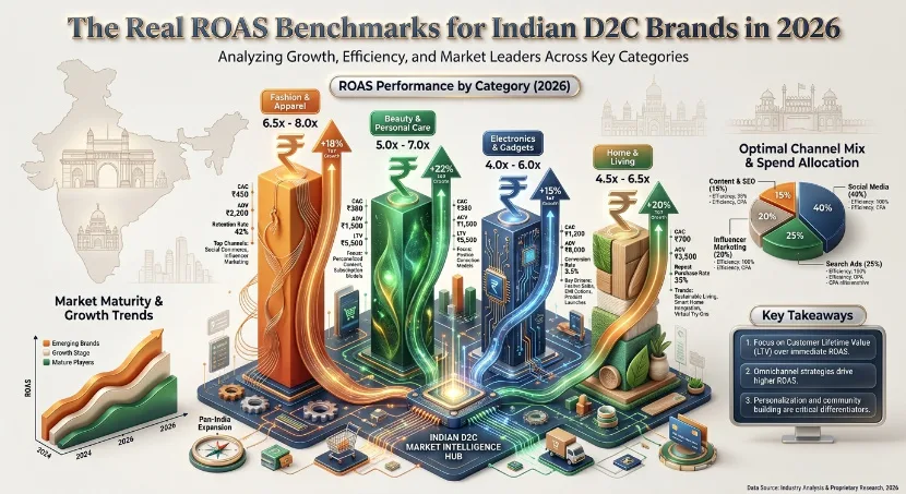 Indian D2C ROAS benchmarks infographic across key categories and marketing channels.