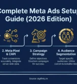 Complete Meta Ads setup guide with 5 steps: Business Manager, Pixel, Campaign, Audience, Launch.