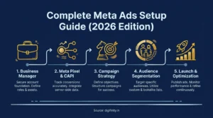 Complete Meta Ads setup guide with 5 steps: Business Manager, Pixel, Campaign, Audience, Launch.