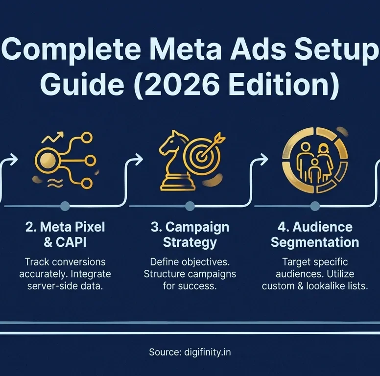 Complete Meta Ads setup guide with 5 steps: Business Manager, Pixel, Campaign, Audience, Launch.