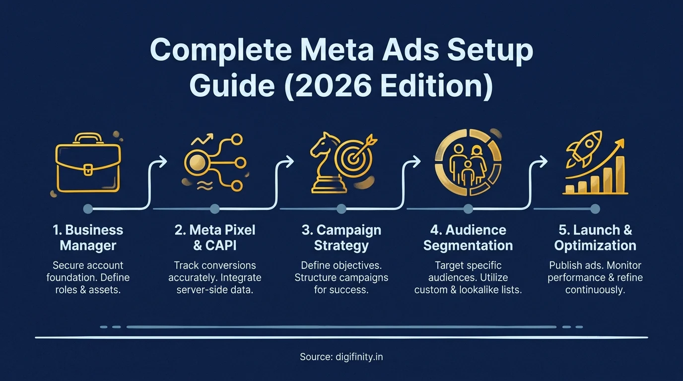 Complete Meta Ads setup guide with 5 steps: Business Manager, Pixel, Campaign, Audience, Launch.