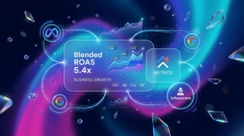Blended ROAS dashboard with Meta, Google, metrics, and influencer marketing visuals. 
