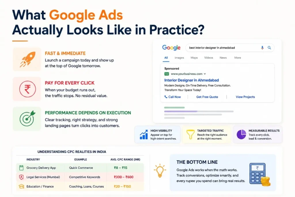 What Google Ads looks like in practice with CPC ranges for Indian businesses