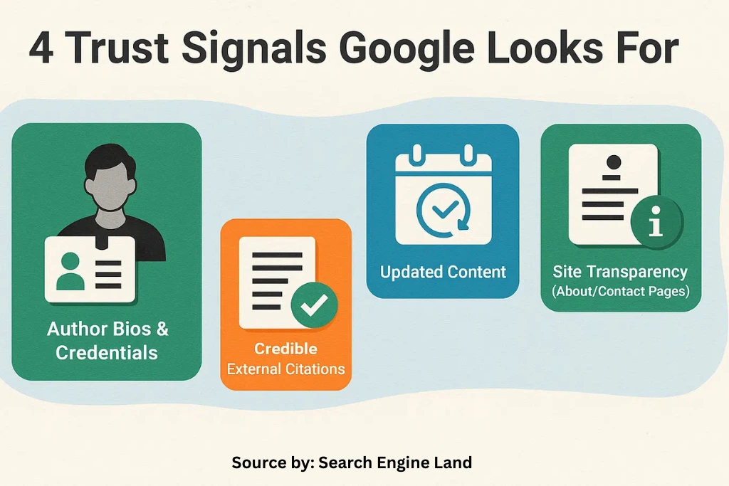 4 trust signals Google looks for - author bios, citations, fresh content, transparency