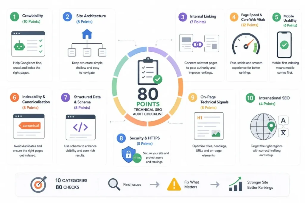 Technical SEO audit checklist infographic 10 categories, 80 points explained
