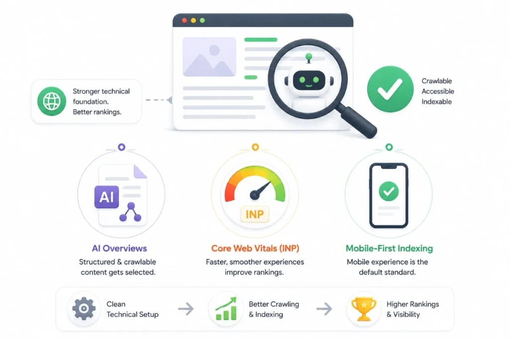 Why technical SEO matters in 2026 AI Overviews, Core Web Vitals, mobile-first indexing
