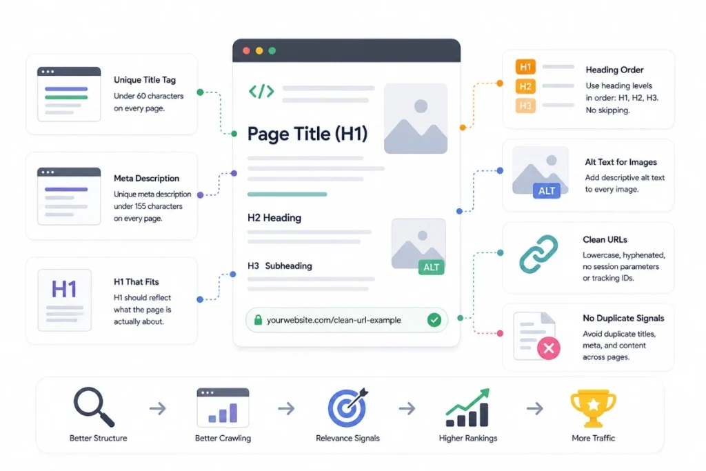 On-page technical SEO signals title tags, H1, meta description, URL structure
