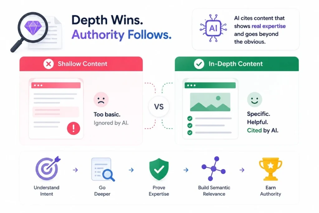 Shallow vs in-depth content comparison showing what AI cites for GEO