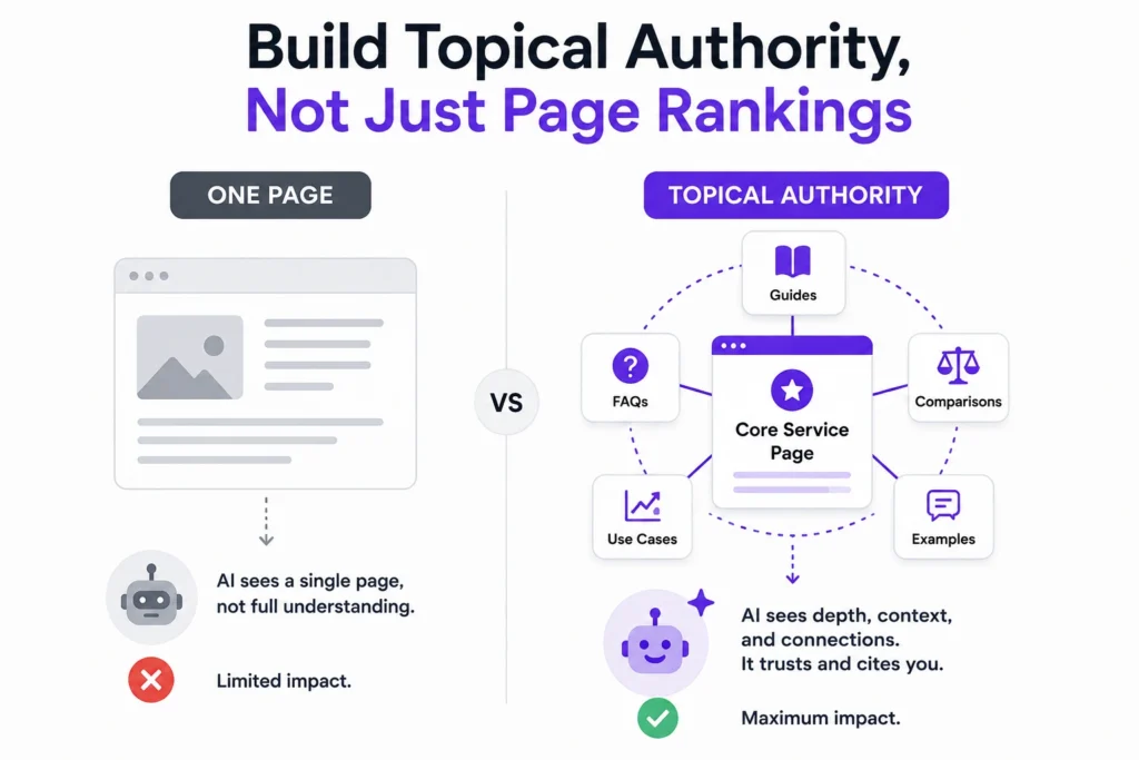 Build topical authority vs single page rankings for AI search optimisation