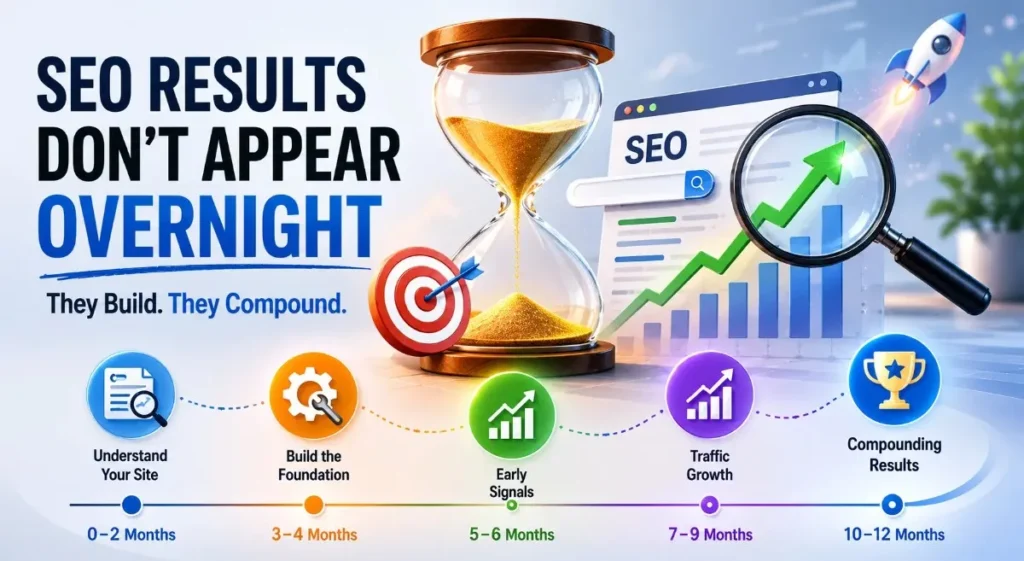 Infographic showing SEO results build over 0–12 months from foundation to compounding growth