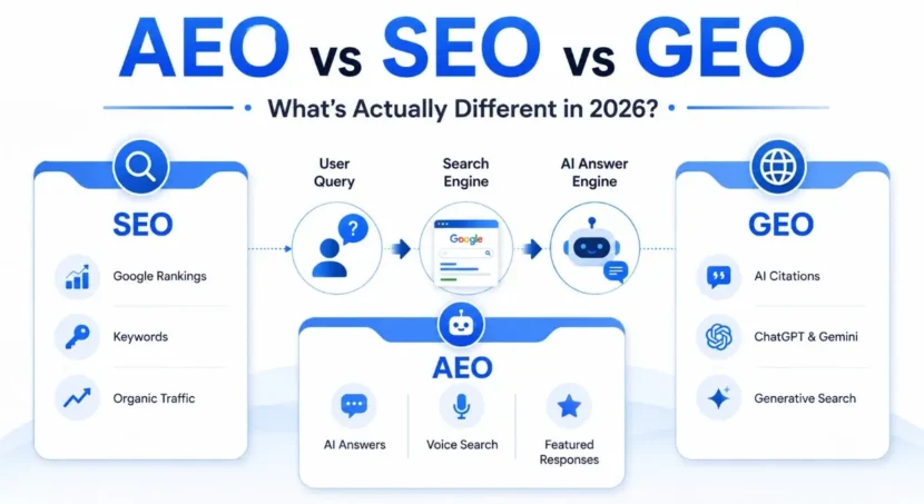 AEO vs SEO vs GEO — what's actually different in 2026 explained