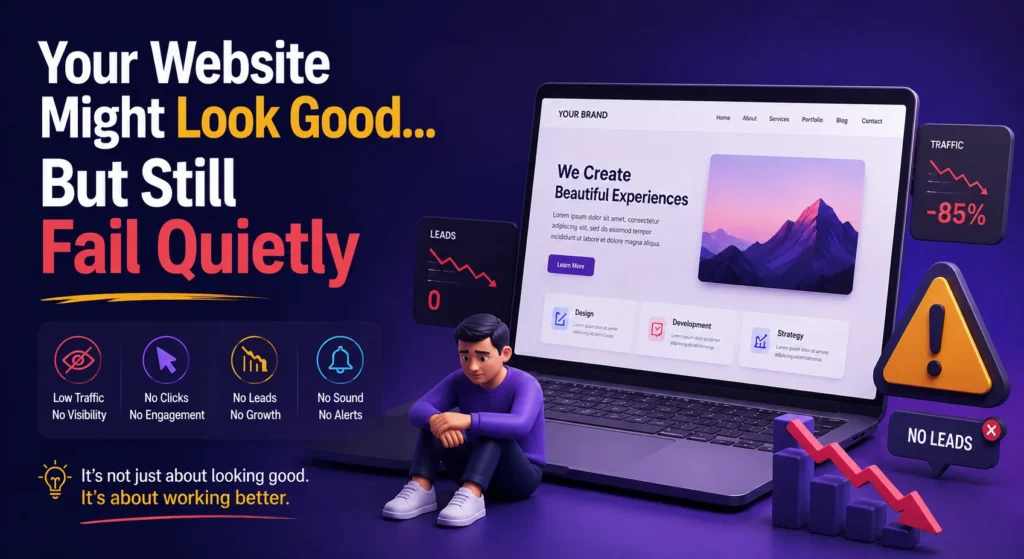Laptop screen showing low traffic, no clicks, and no leads despite good website design
