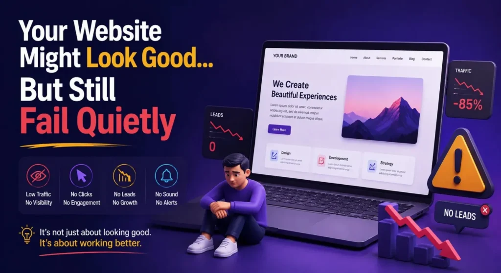 Laptop screen showing low traffic, no clicks, and no leads despite good website design 