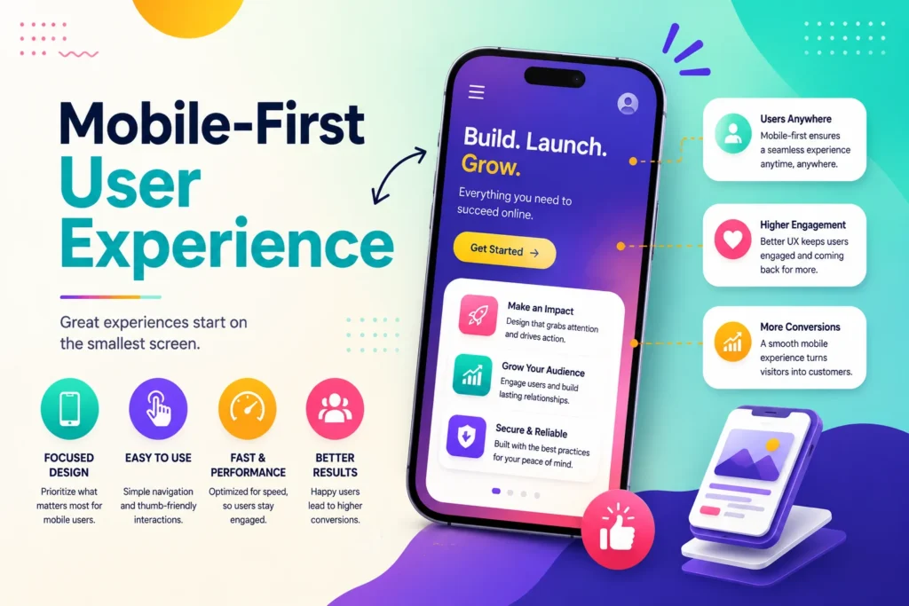 Mobile-first user experience design infographic with key UX benefits