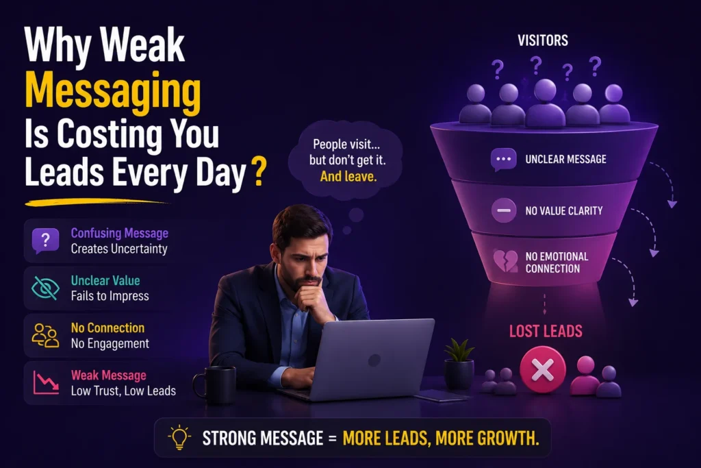 Businessman at laptop beside funnel showing visitors lost due to unclear, weak messaging