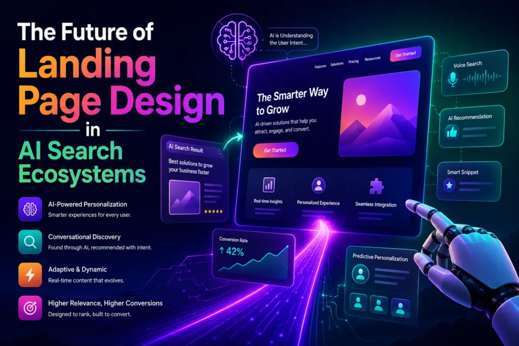 Future of landing page design in AI search ecosystems infographic