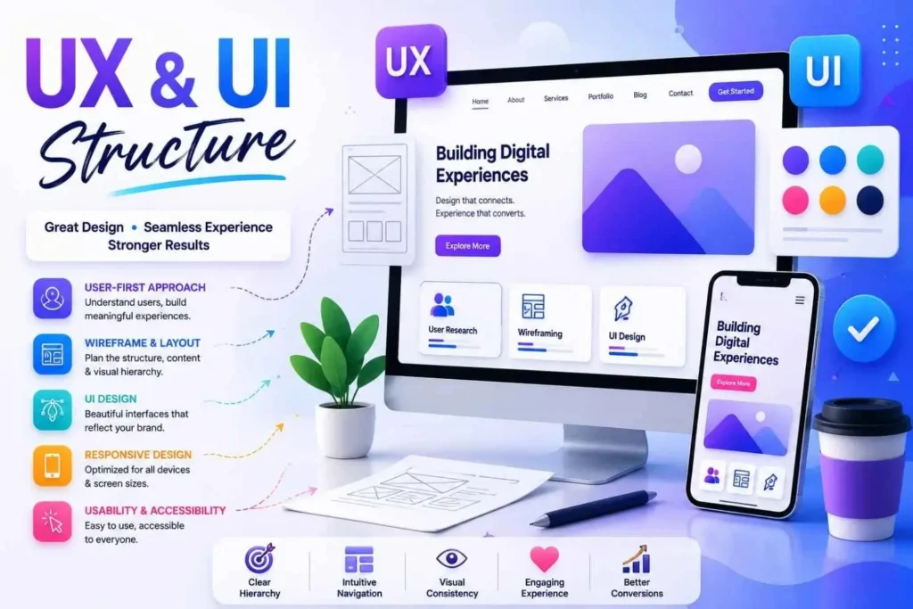 UX UI design process infographic with wireframing, responsive design, and accessibility tips
