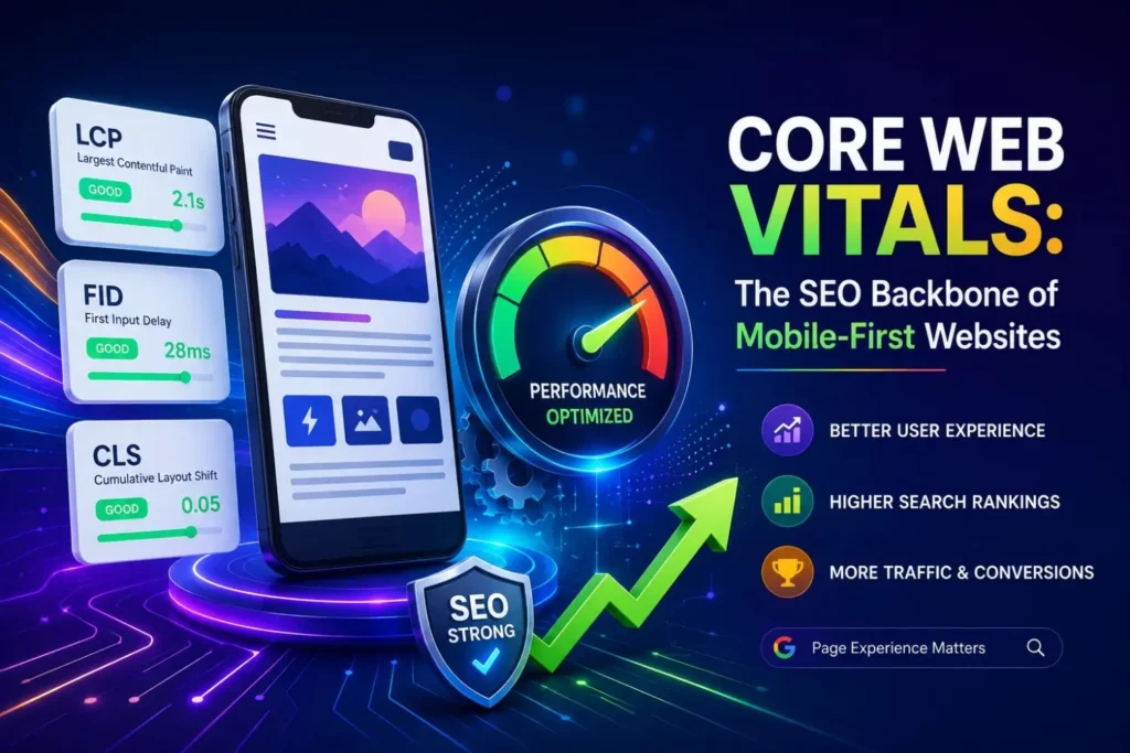 Core Web Vitals LCP, FID, and CLS scores shown as the SEO foundation of mobile-first sites