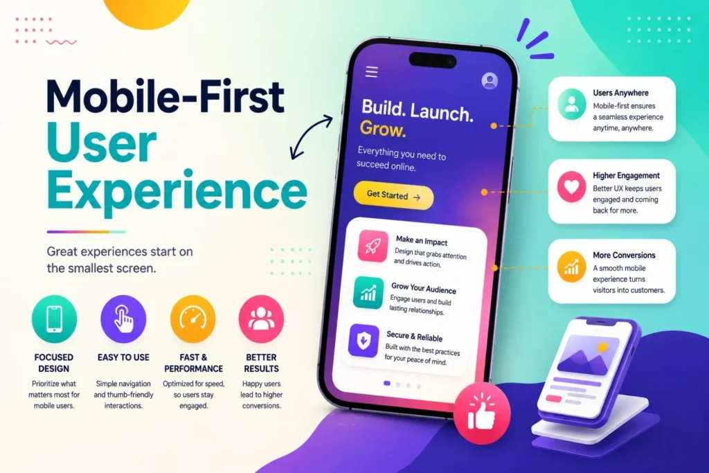 Mobile-first user experience design infographic with key UX benefits 