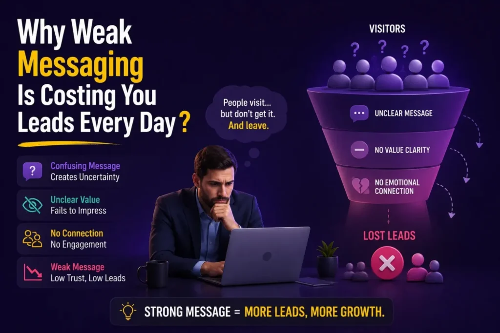Businessman at laptop beside funnel showing visitors lost due to unclear, weak messaging 