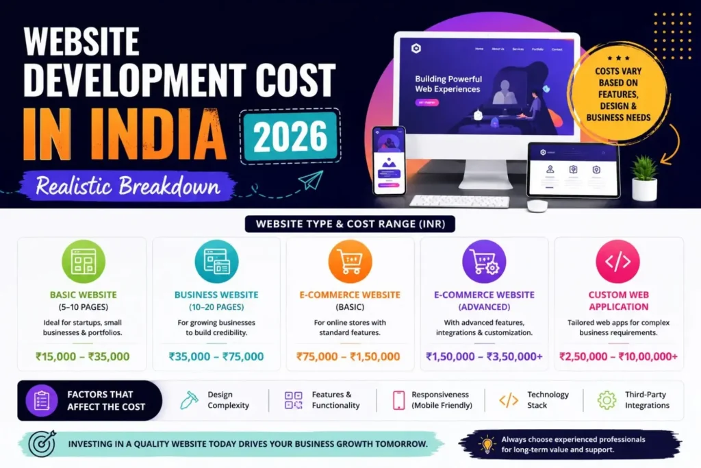 Website development cost in India 2026 chart showing price ranges by website type
