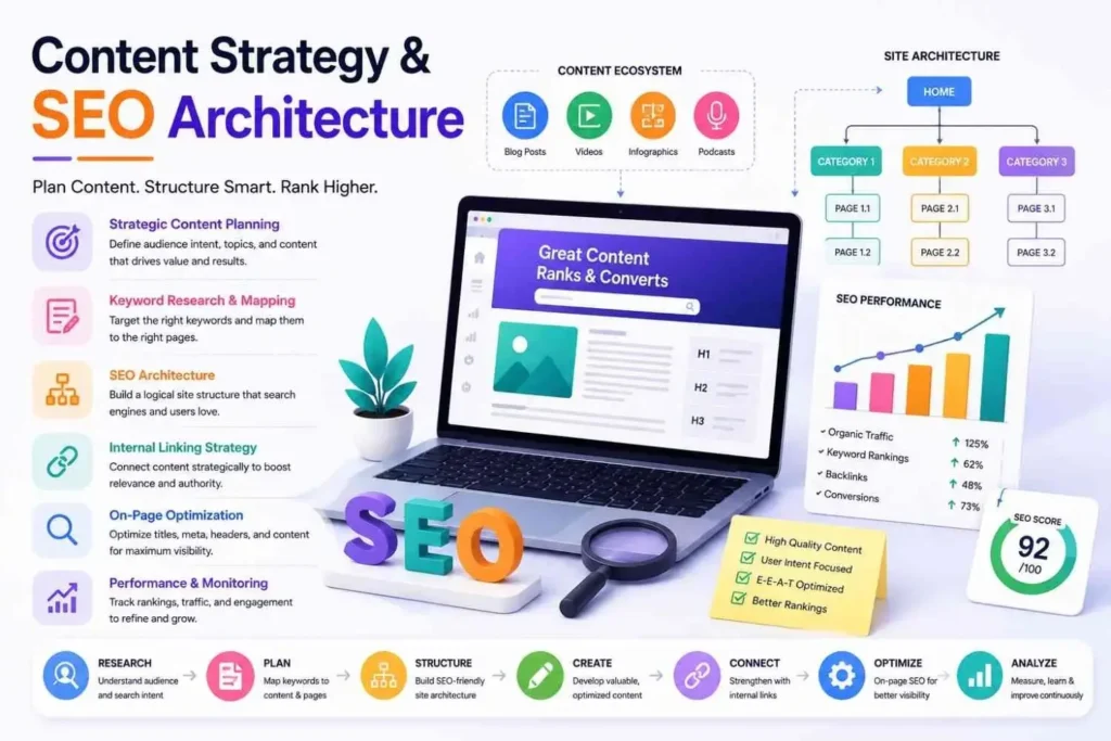 SEO architecture infographic with keyword mapping, internal linking, and content planning
