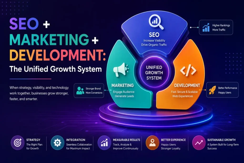 Diagram showing SEO, marketing, and development as a unified business growth system
