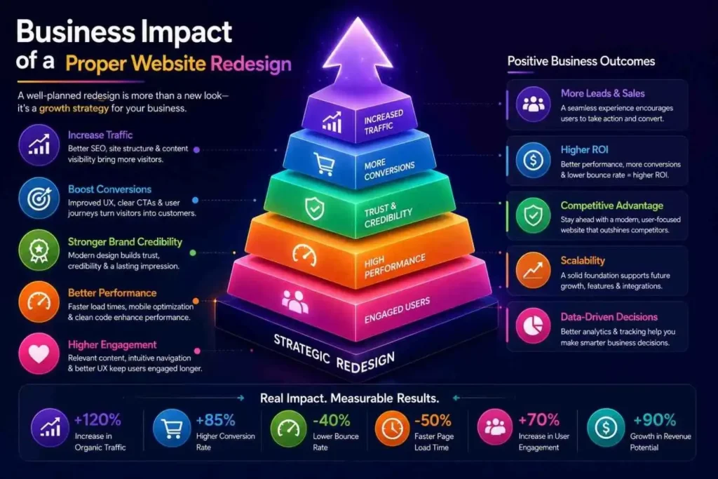 Website redesign impact pyramid showing engagement, performance, conversions, and traffic growth
