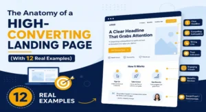 Anatomy of a high-converting landing page with 12 real examples infographic