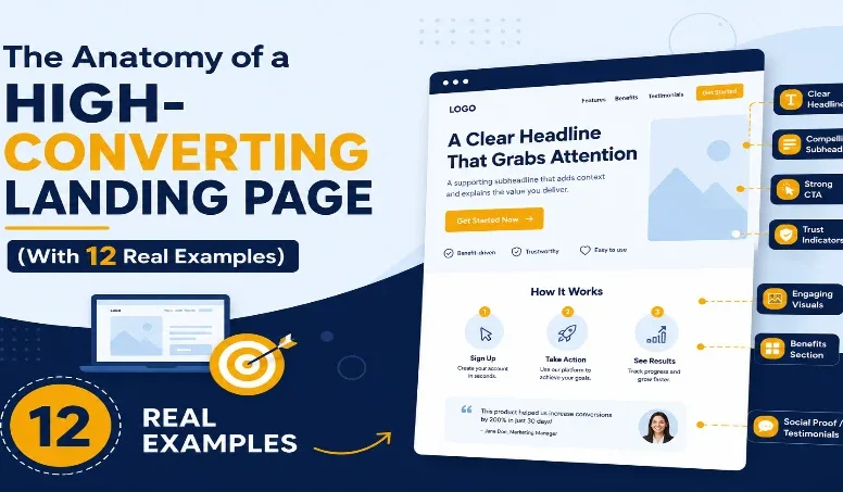 Anatomy of a high-converting landing page with 12 real examples infographic