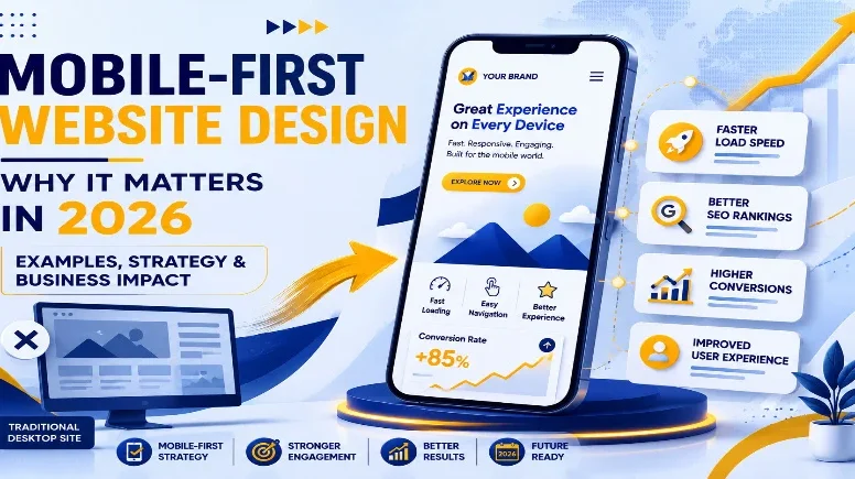 Mobile-first website design infographic showing why it matters for businesses in 2026