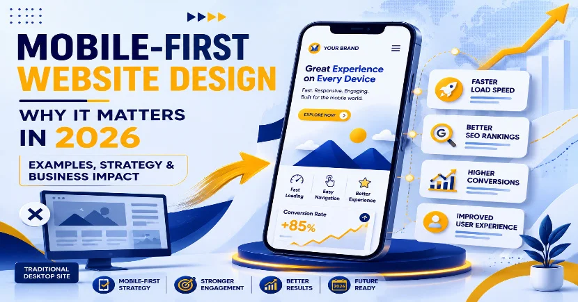Mobile-first website design infographic showing why it matters for businesses in 2026