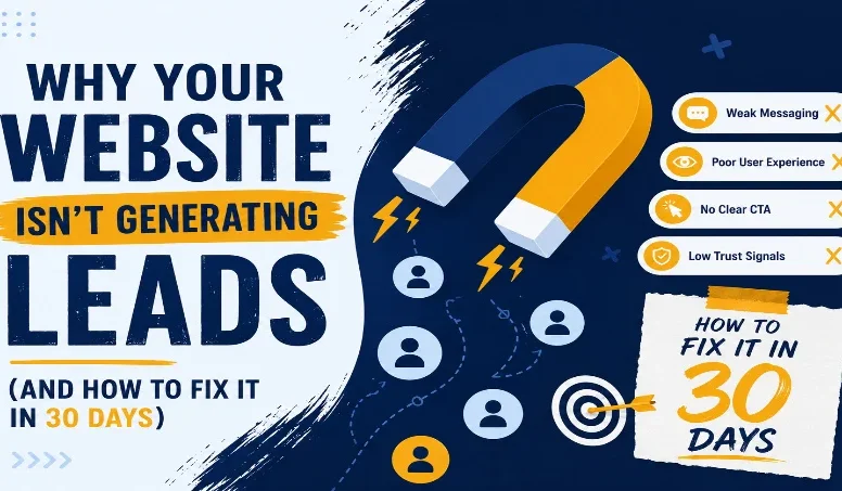 Magnet pulling visitor icons toward target, illustrating fixing website lead generation in 30 days