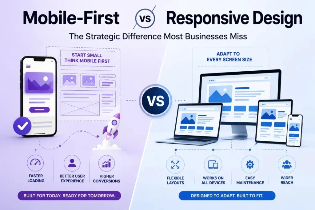 Infographic comparing mobile-first design vs responsive design strategies 