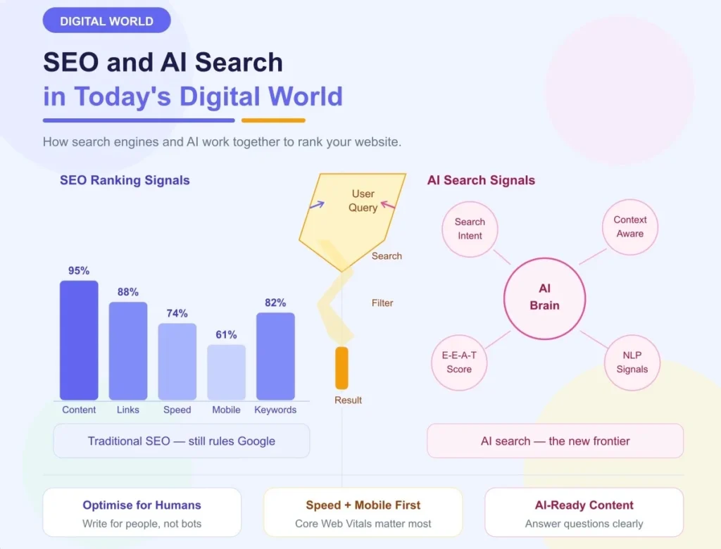 Infographic comparing SEO ranking signals and AI search signals in digital marketing
