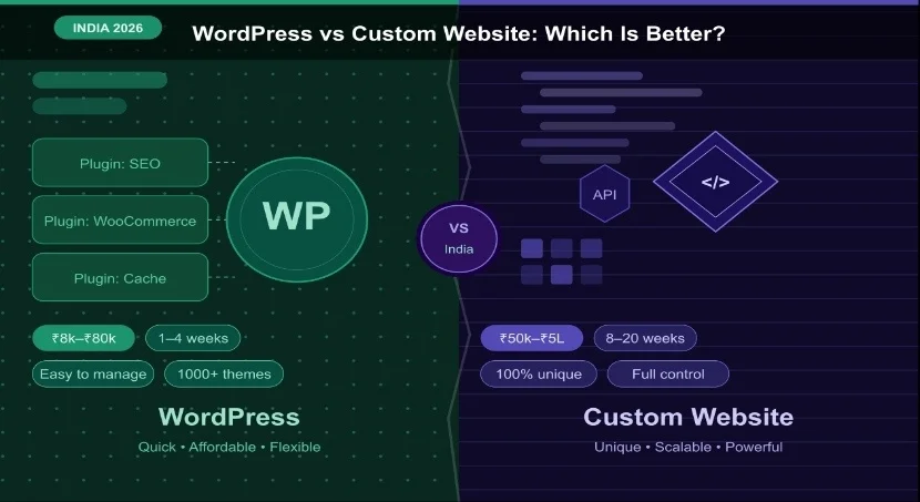 WordPress vs Custom Website comparison: cost, timeline, and features in India 2026