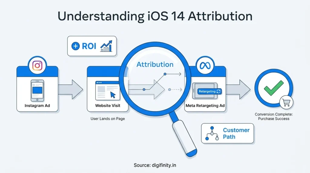 Understanding iOS 14 attribution flow from Instagram ads to website visits and conversions.

