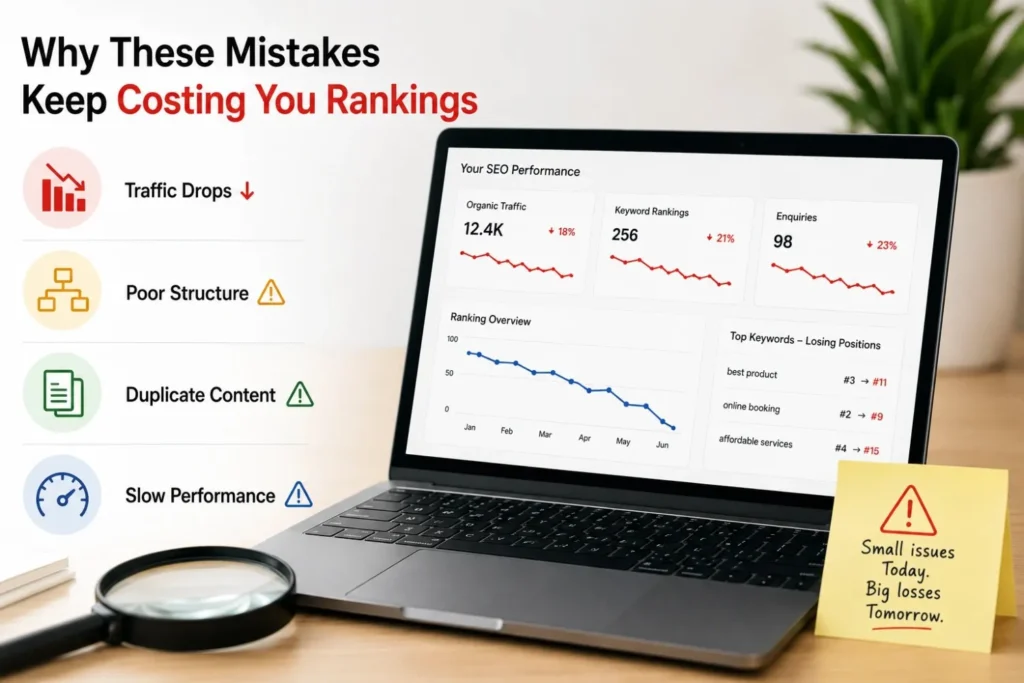 Laptop showing declining SEO traffic and keyword rankings graph