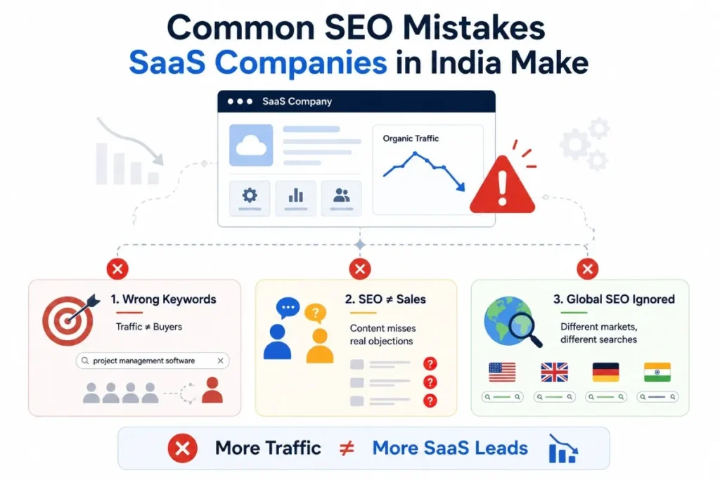Infographic showing 3 common SEO mistakes SaaS companies in India make