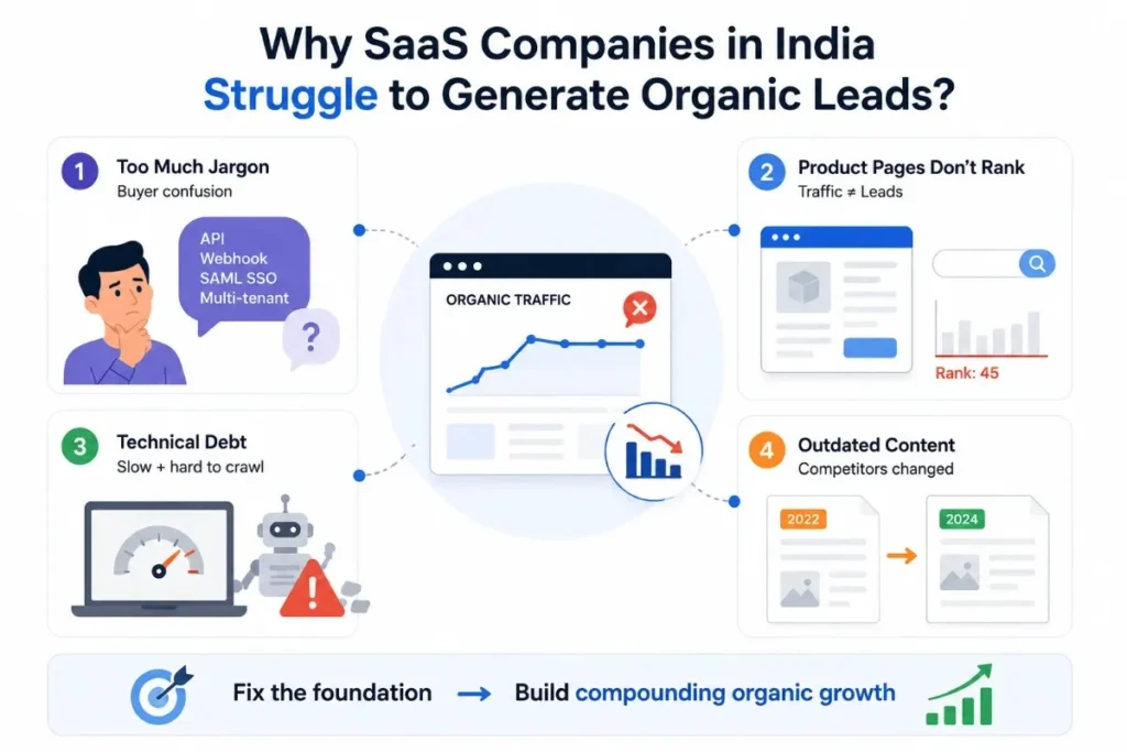 Infographic on 4 reasons SaaS companies in India struggle with organic leads