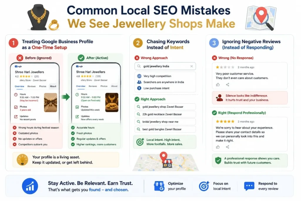 Infographic on common local SEO mistakes jewellery shops make in Zaveri Bazaar