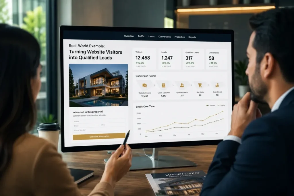 Analytics screen showing visitor, lead, and conversion funnel data 