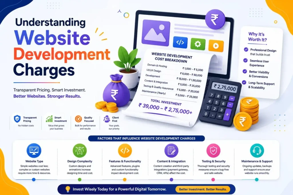 Website development cost breakdown chart showing pricing from ₹39,000 to ₹2,75,000