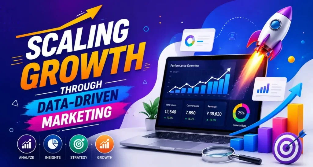 Laptop dashboard with growth charts and rocket launching upward