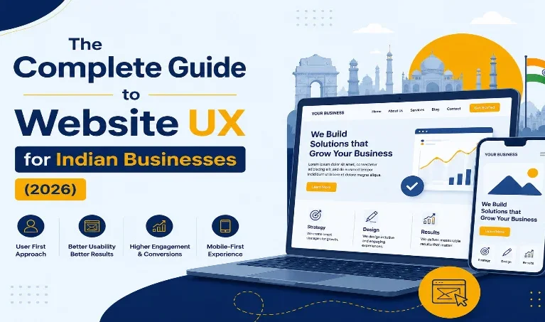 featured image Website UX guide cover with laptop, phone mockups and Indian landmarks