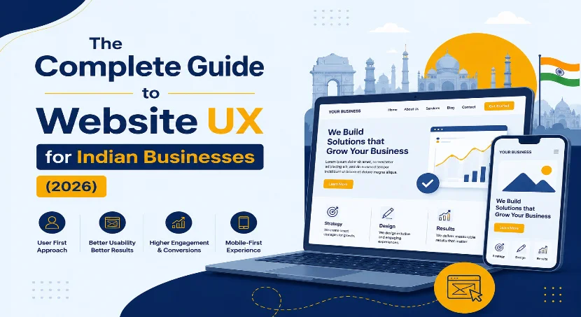 Website UX guide cover with laptop, phone mockups and Indian landmarks