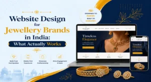 Website design for jewellery brands in India – laptop and phone mockups with gold jewellery