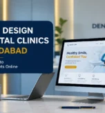 Dental clinic website design guide with desk setup and sample homepage on screen